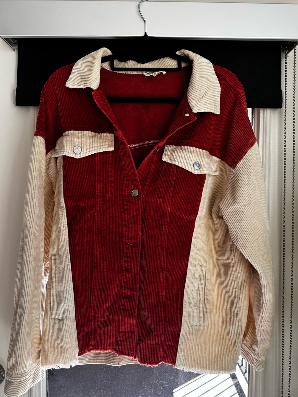 Peach Love California Two-Tone Red and Cream Corduroy Jacket